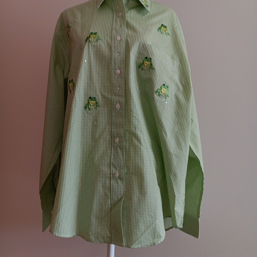 Las Olas Womens Button Down Shirt SZ L Green Stripe Frogs Applique Rhinestones